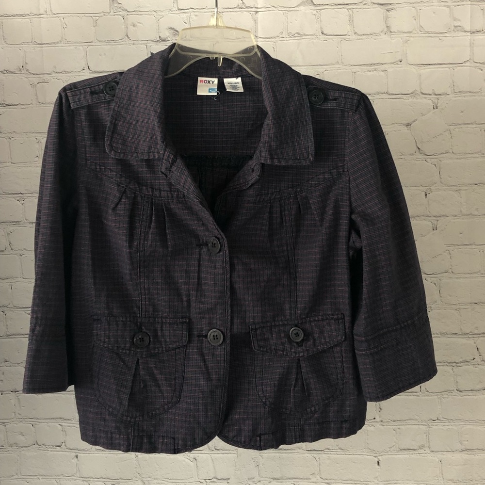 Women’s Roxy Brand Blue/Pink/Purple Plaid Cotton/Poly Blend Jacket Size Large.